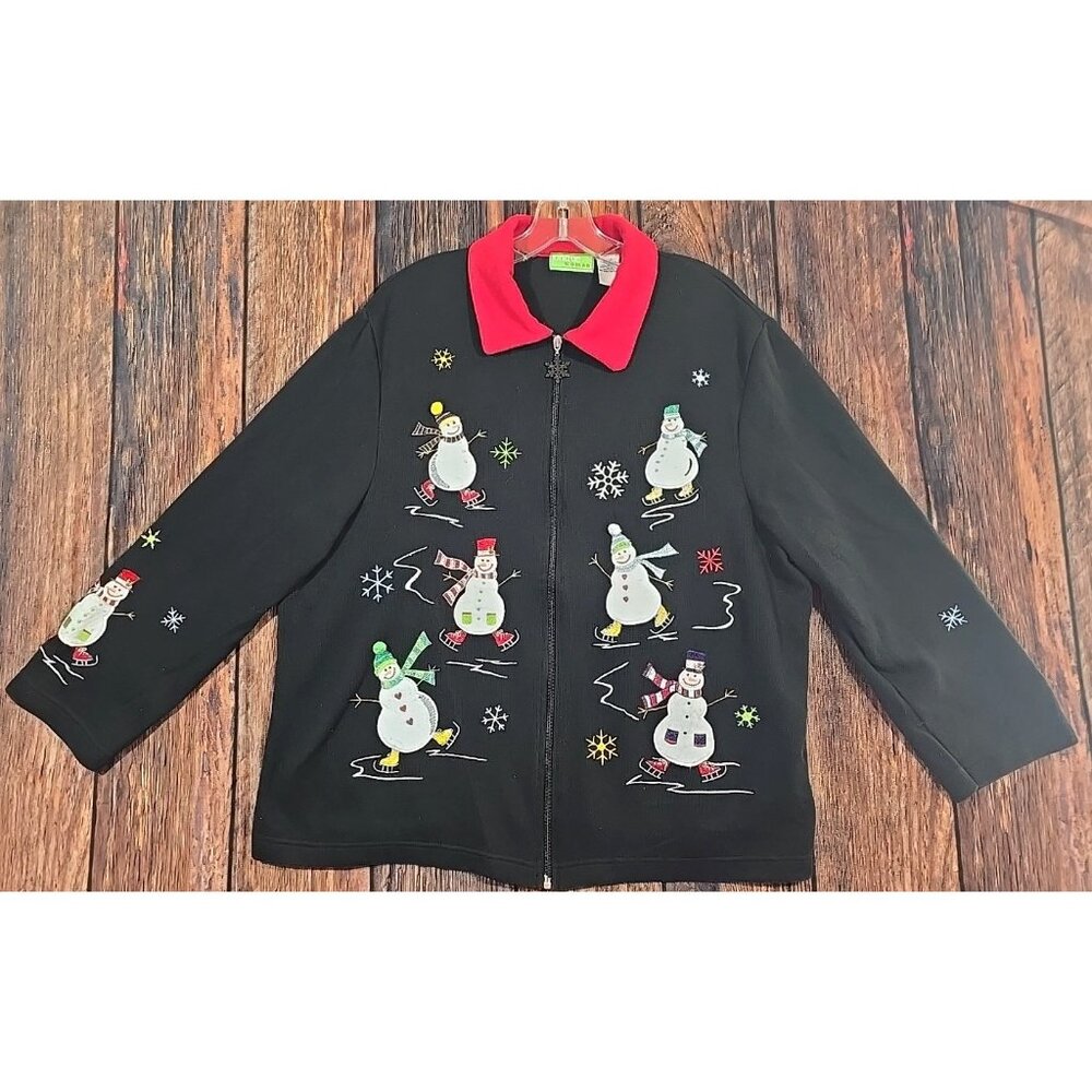 Onque Woman Jersey Knit Jacket Full Zip Appliques Embroidered Snowman Winter 1X